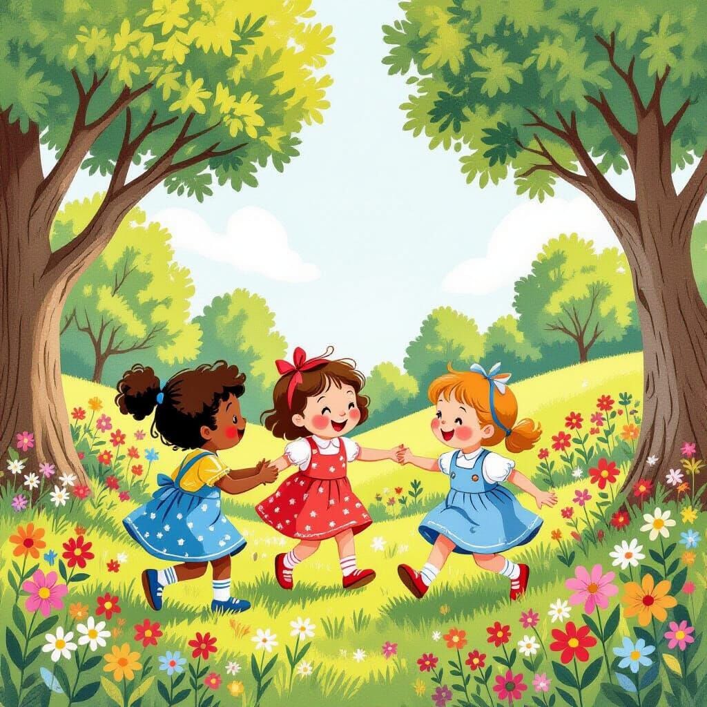 Children Playing in Garden Inspired by Classic Illustration