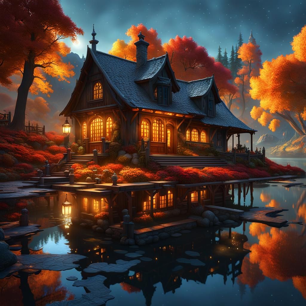 Autumn Lake Cottage at Night as Digital Painting