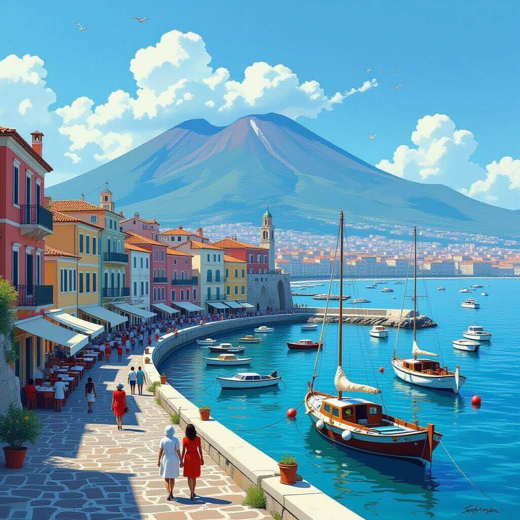 Naples Coast with Vesuvius: A Digital Rendering
