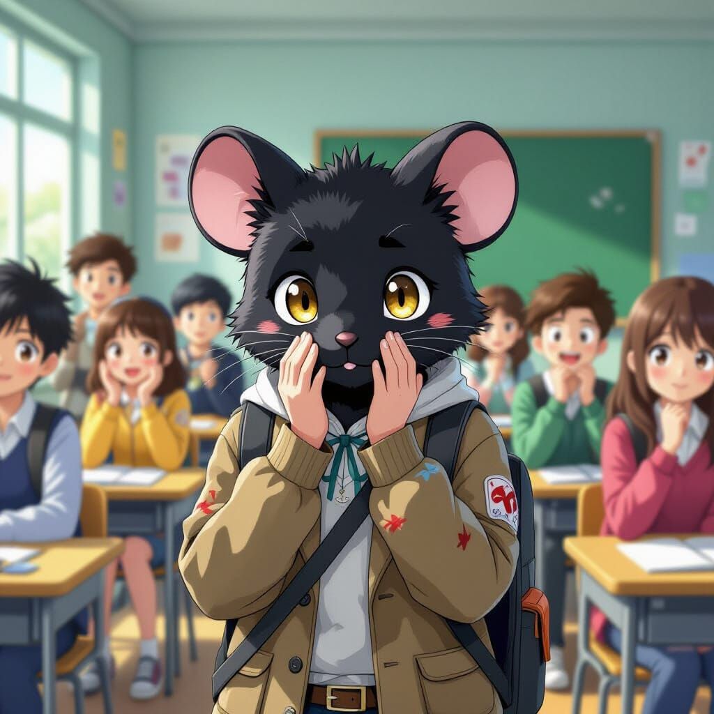Shy Mouse in Classroom, Cartoon 2.5D Art