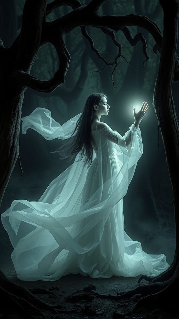 Ethereal Female Necromancer Shrouded in Dark Forest Mist