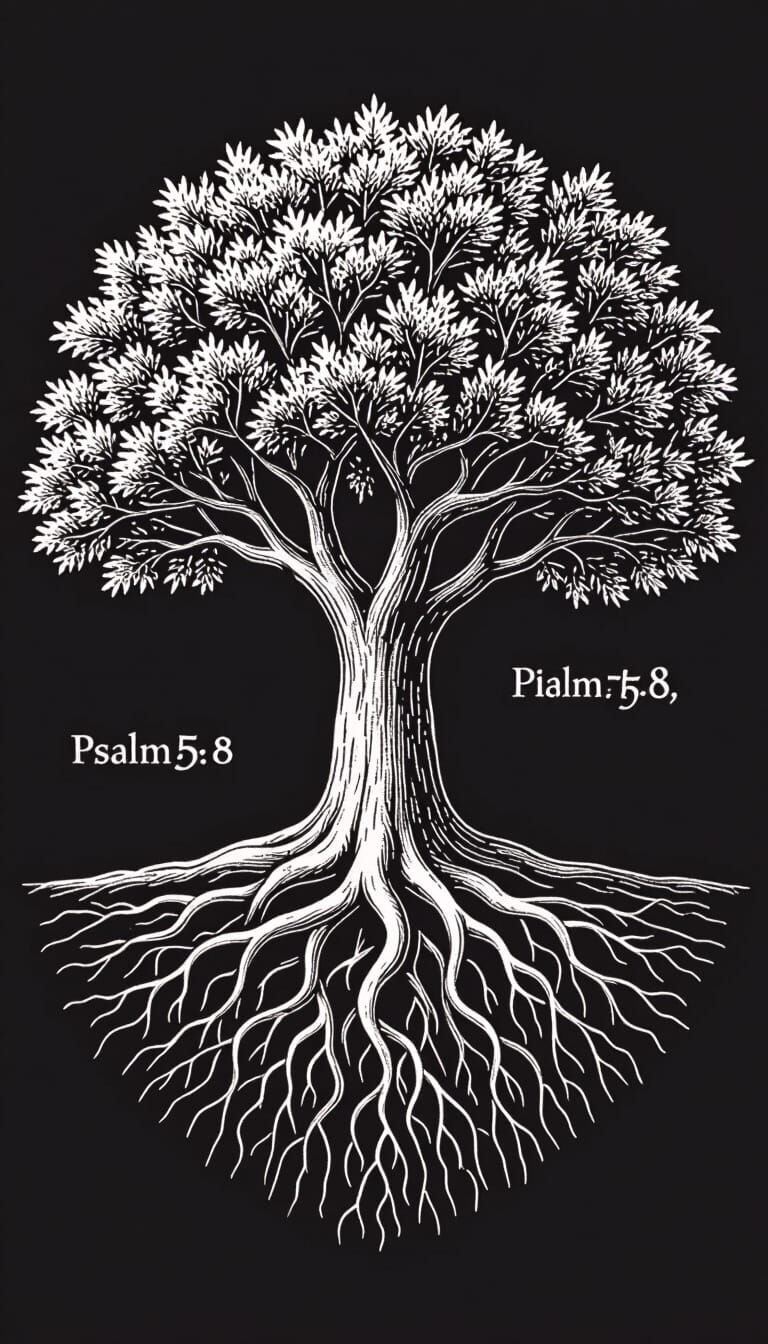 Lush Olive Tree With Visible Roots - White Line Sketch