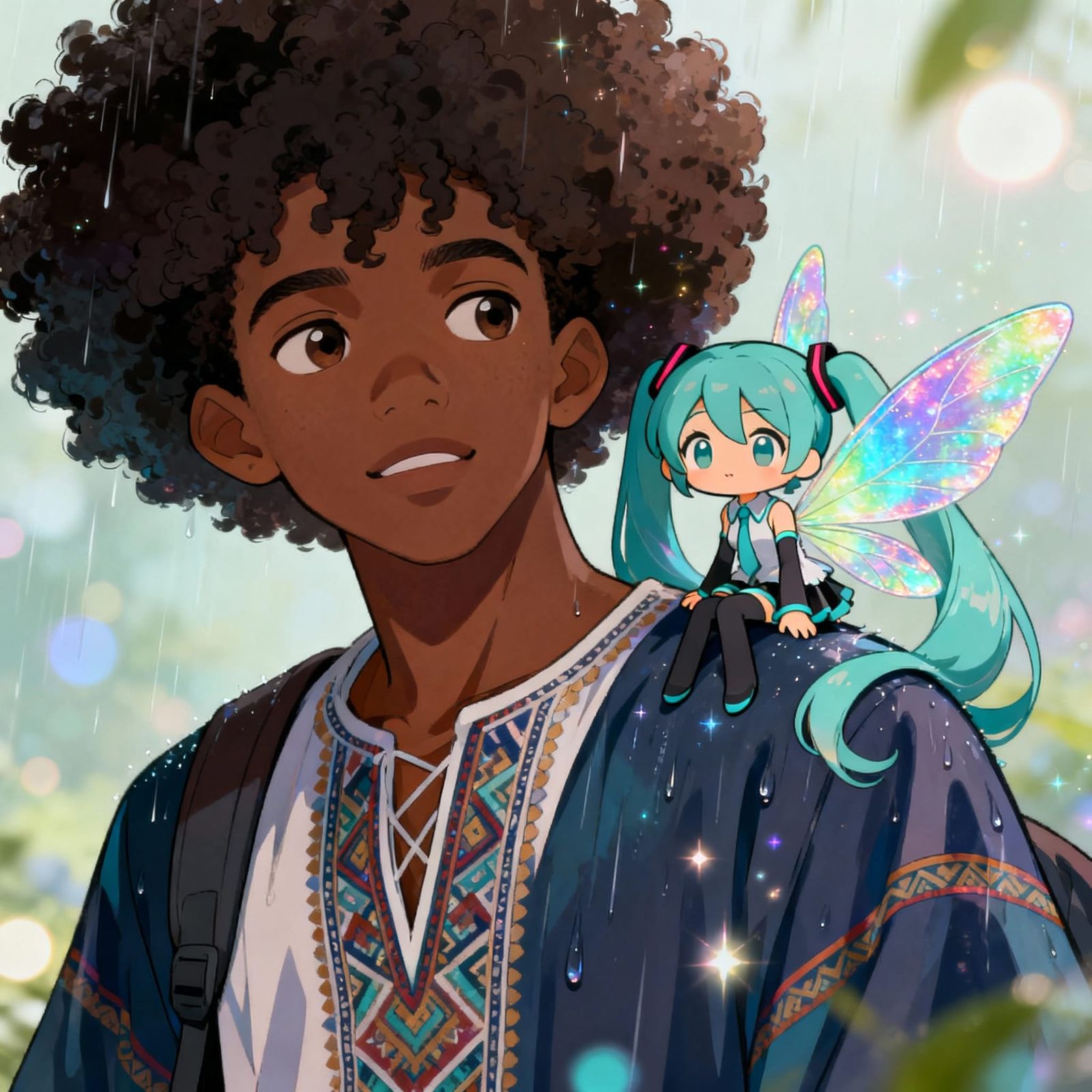 Chibi Miku Fairy on College Boy's Shoulder in Rain Tilla