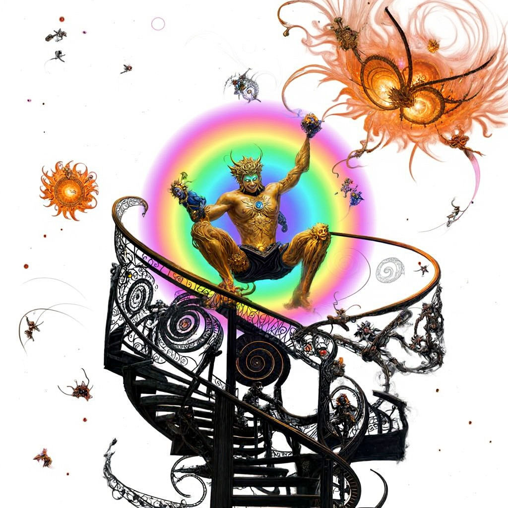 A hysterically laughing Sun Wukong perched atop a spiraling staircase made from glowing flowers emerging from the heart ...