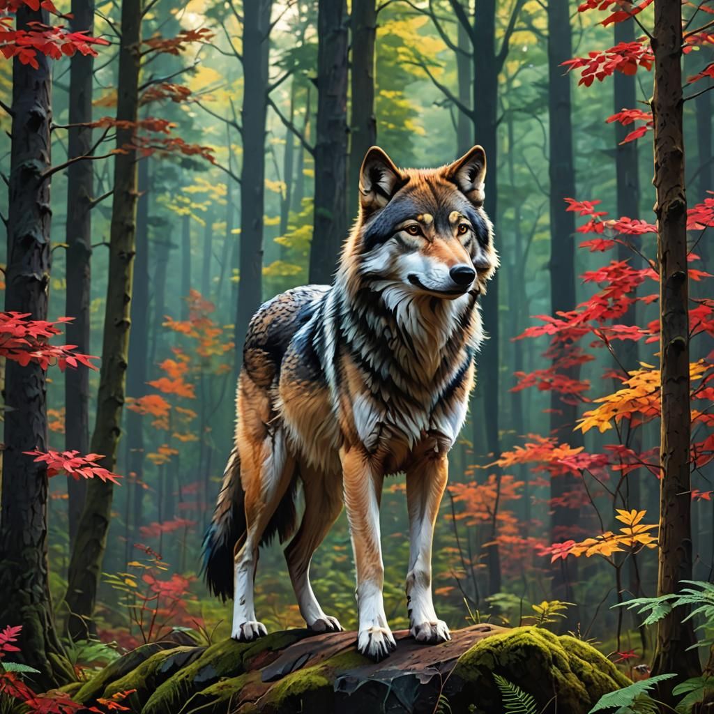 Imposing Wolf in Vivid Forest Composition