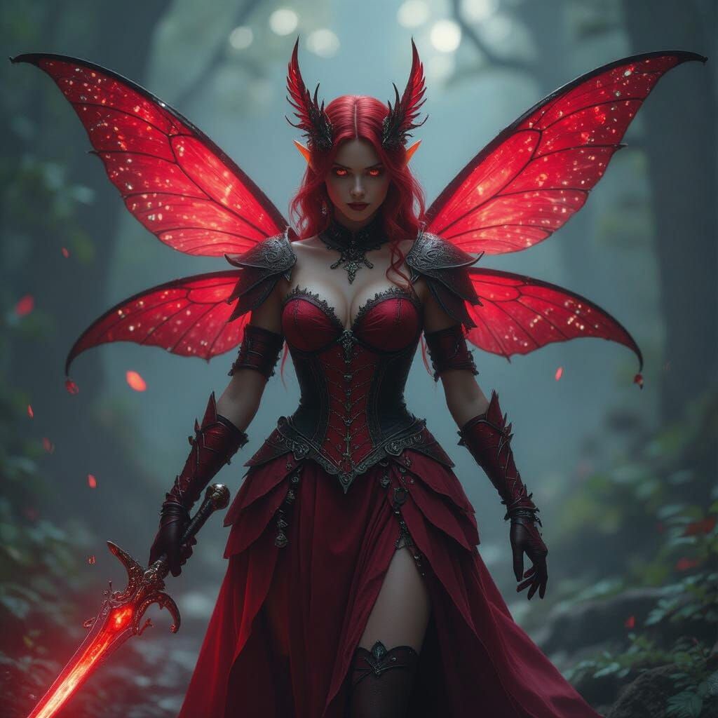 Ethereal Ruby Fairy in Dreamy Cinematic Landscape