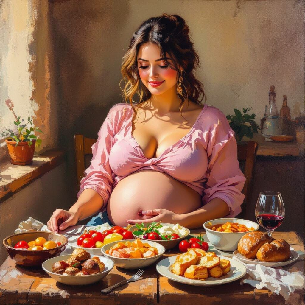 Generous Woman Enjoying Feast in Warm Oil Painting Style