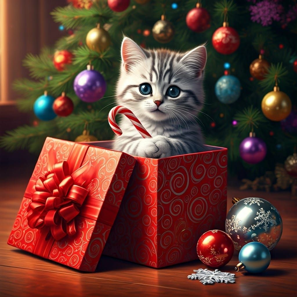 Adorable Striped Kitten in Christmas Gift, Hyper Realistic H...