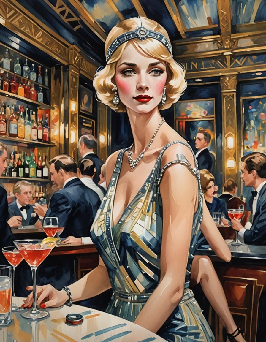 Art Deco Lady in Paris at Night: Gouache Style