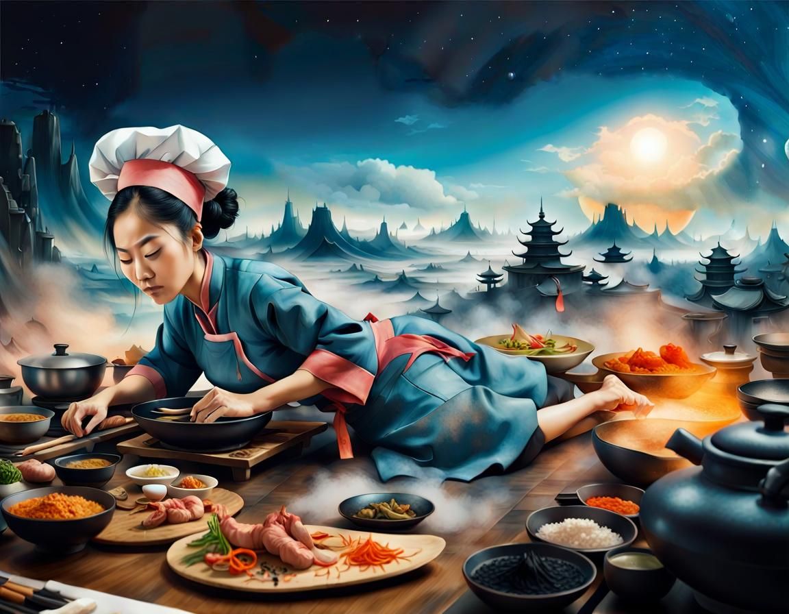 Asian Chef in Busy Kitchen: Fantasy Art