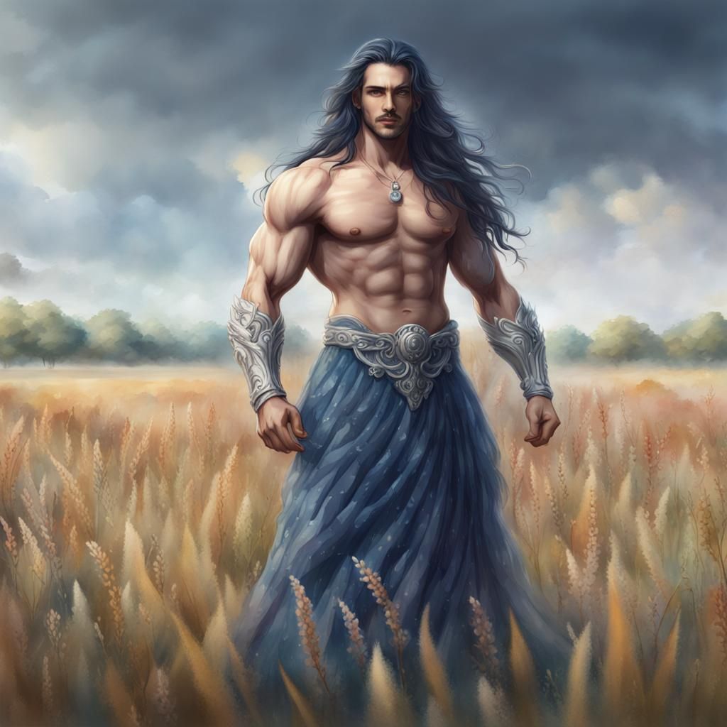 Muscular Man in Ball Gown, Watercolor Style