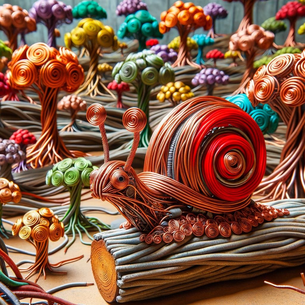 Whimsical Copper Wire Snail on Cable Log