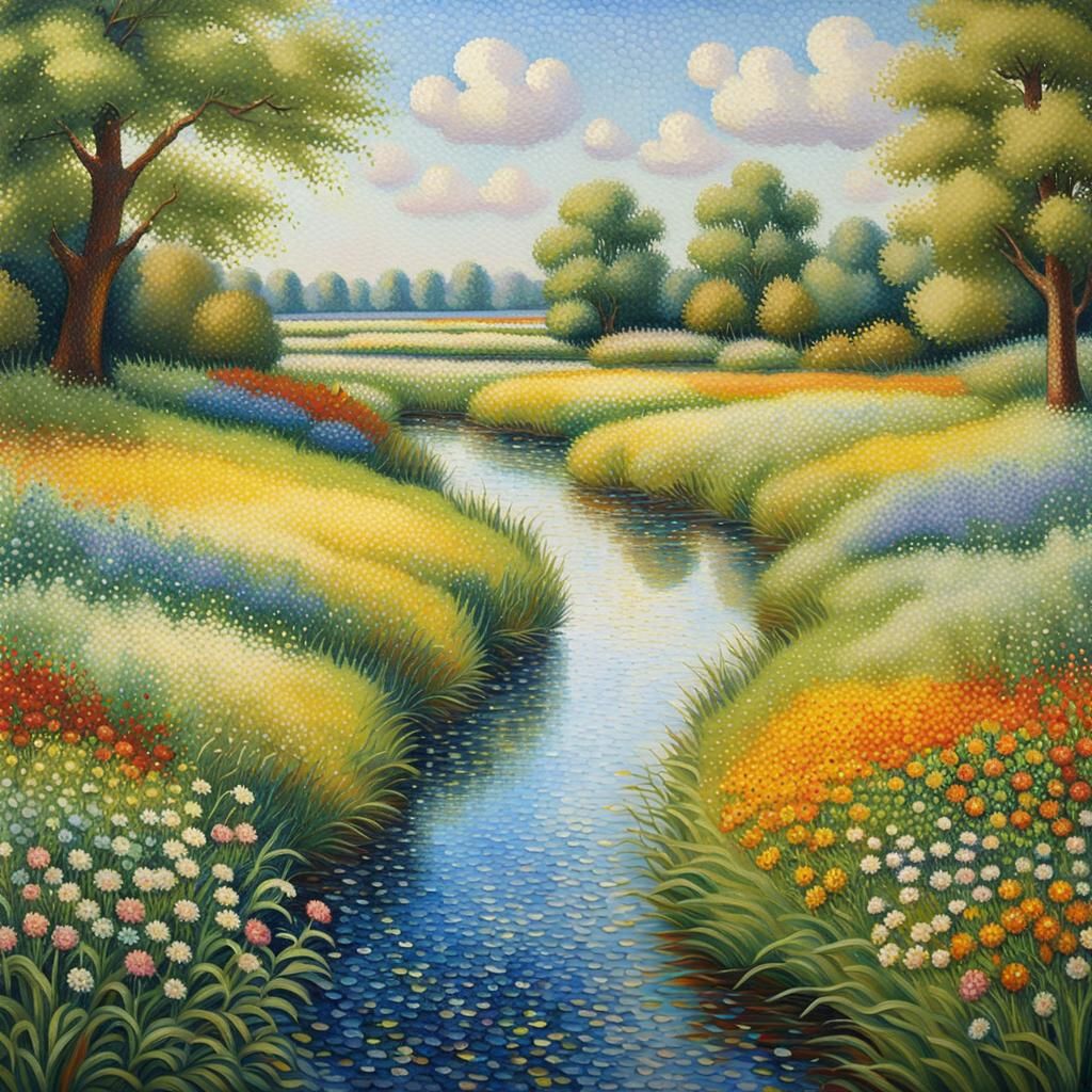 Dutch Countryside in Pointillism Style