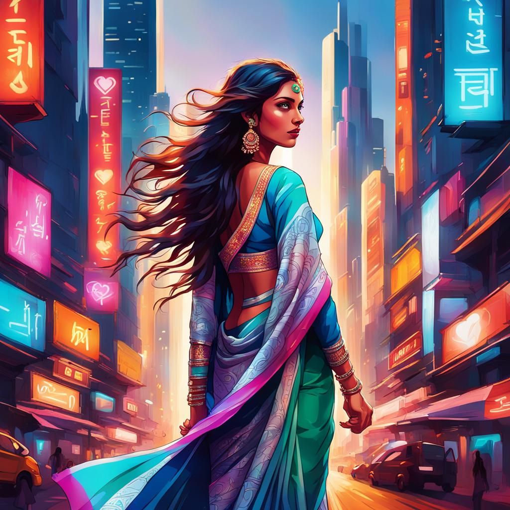 Girl in Sari Runs Through Futuristic City