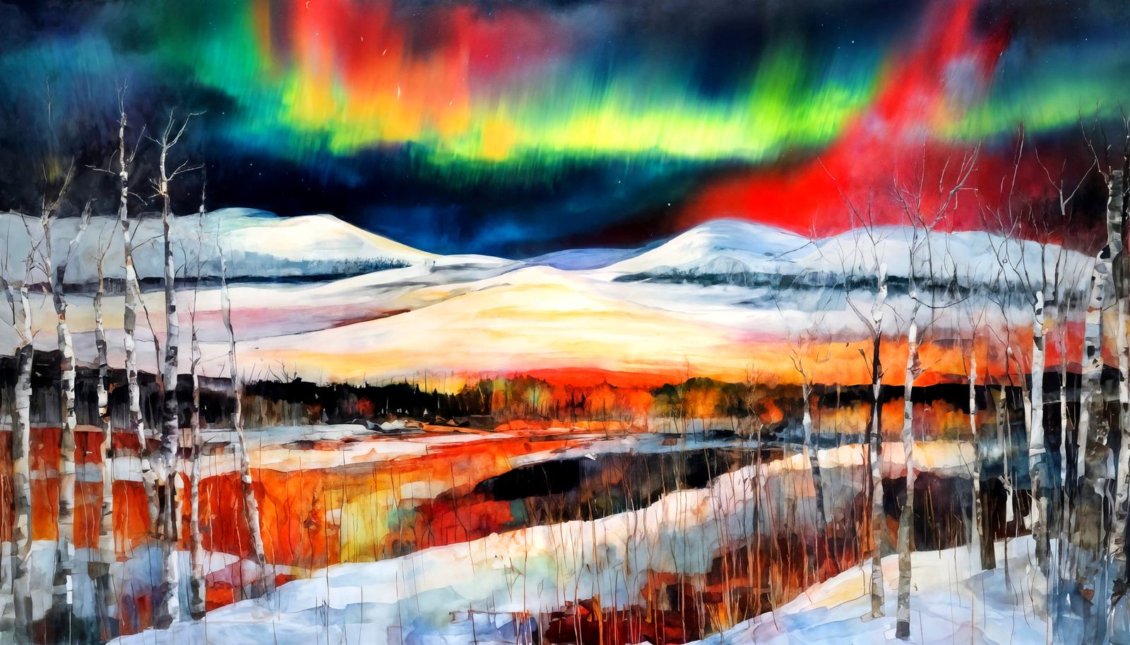 Aurora Borealis Over Winter Fells in Cubist Style