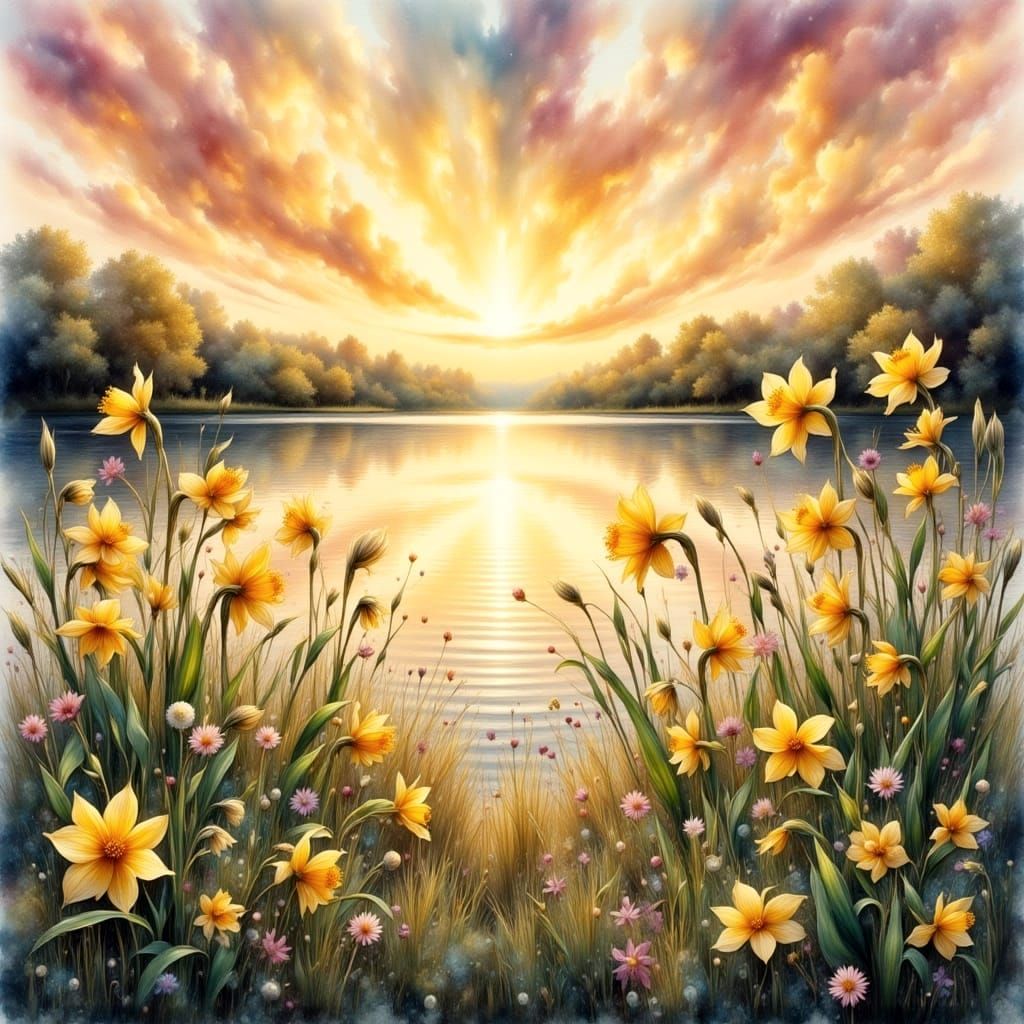 Swaying Daffodils in Lush Grass Beside a Serene Lake in Soft...