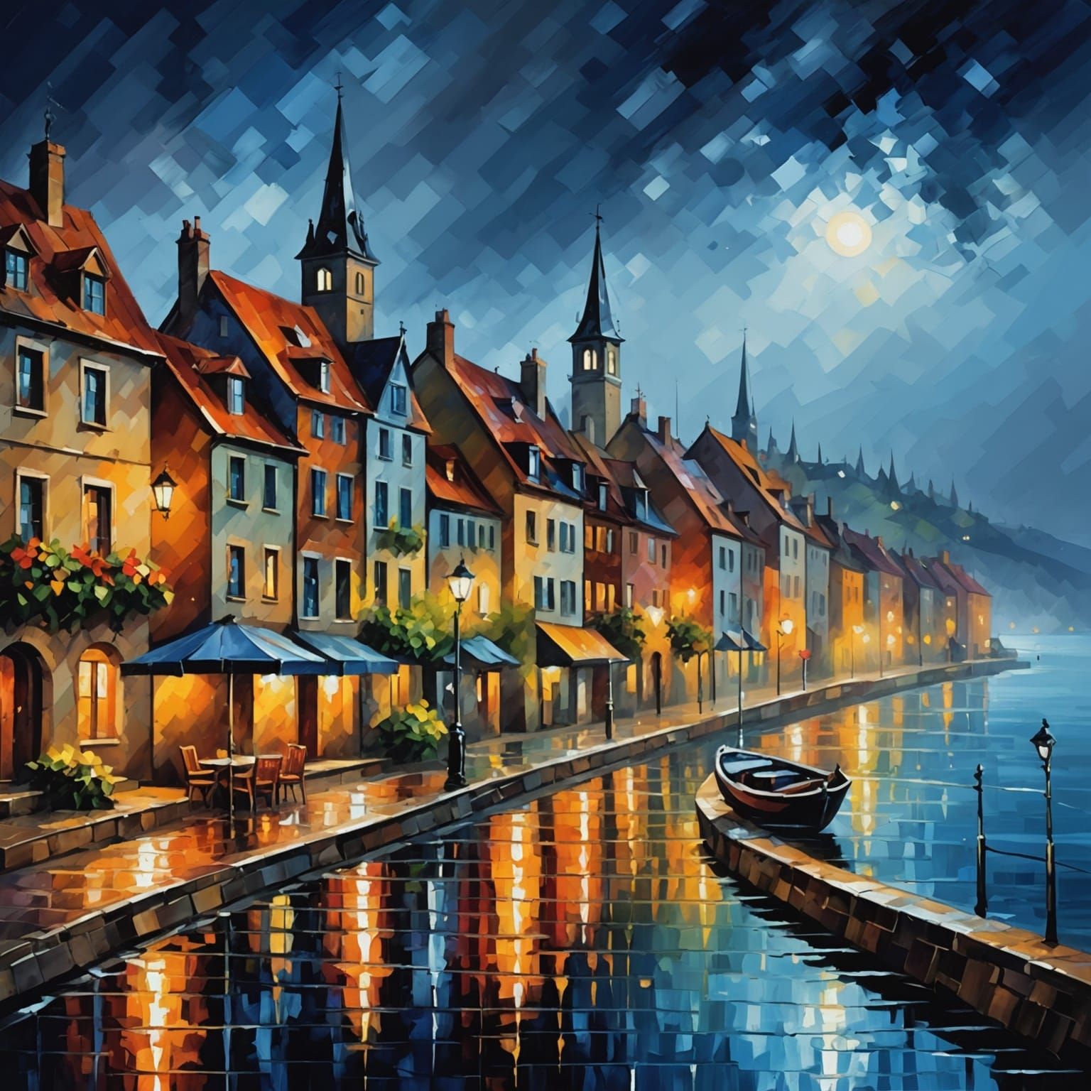 Rainy Coastal Town Evening Impressionist Painting