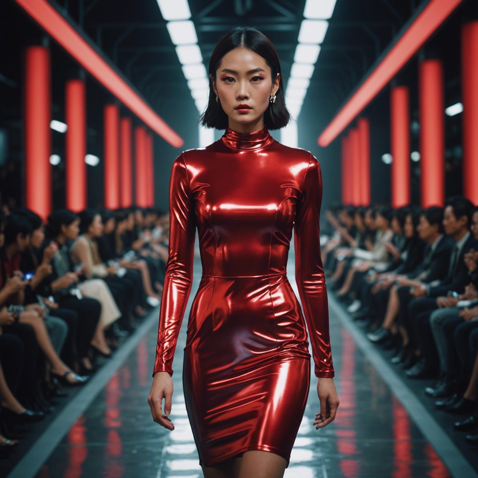 Japanese Model in Red Dress on Runway