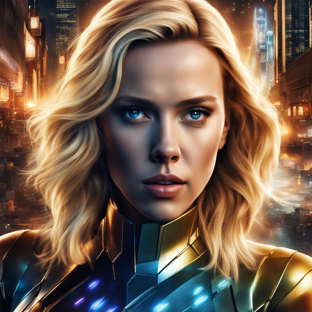 Scarlett Johansson (35 years old) with long blonde hair in a...