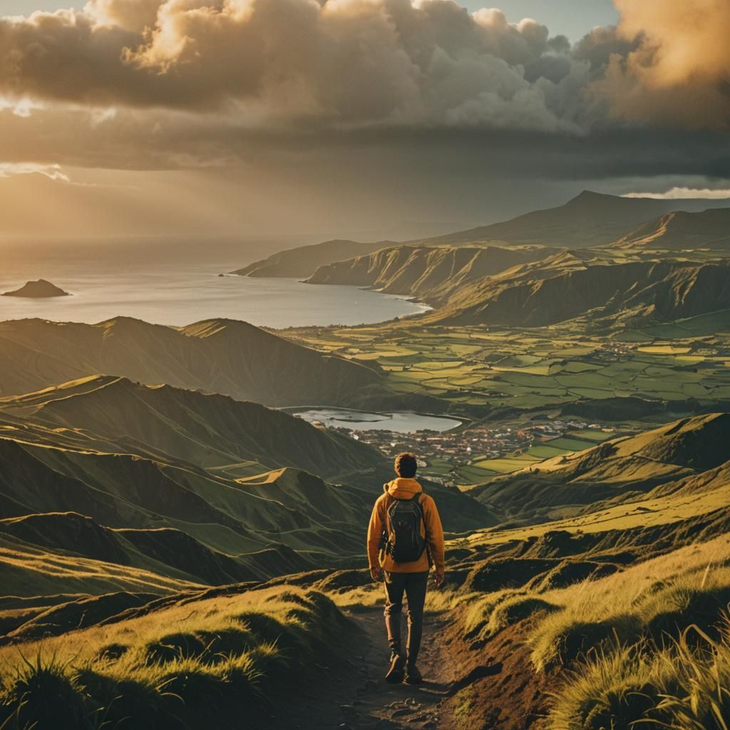 Hiker Walks Towards Sunset in the Azores
