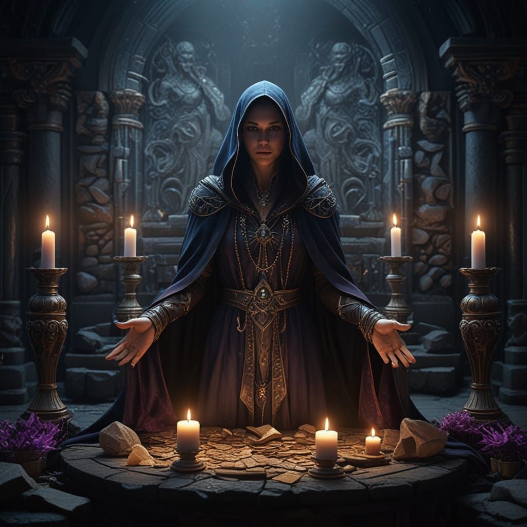 High Priestess in Dark Chamber with Tarot Cards