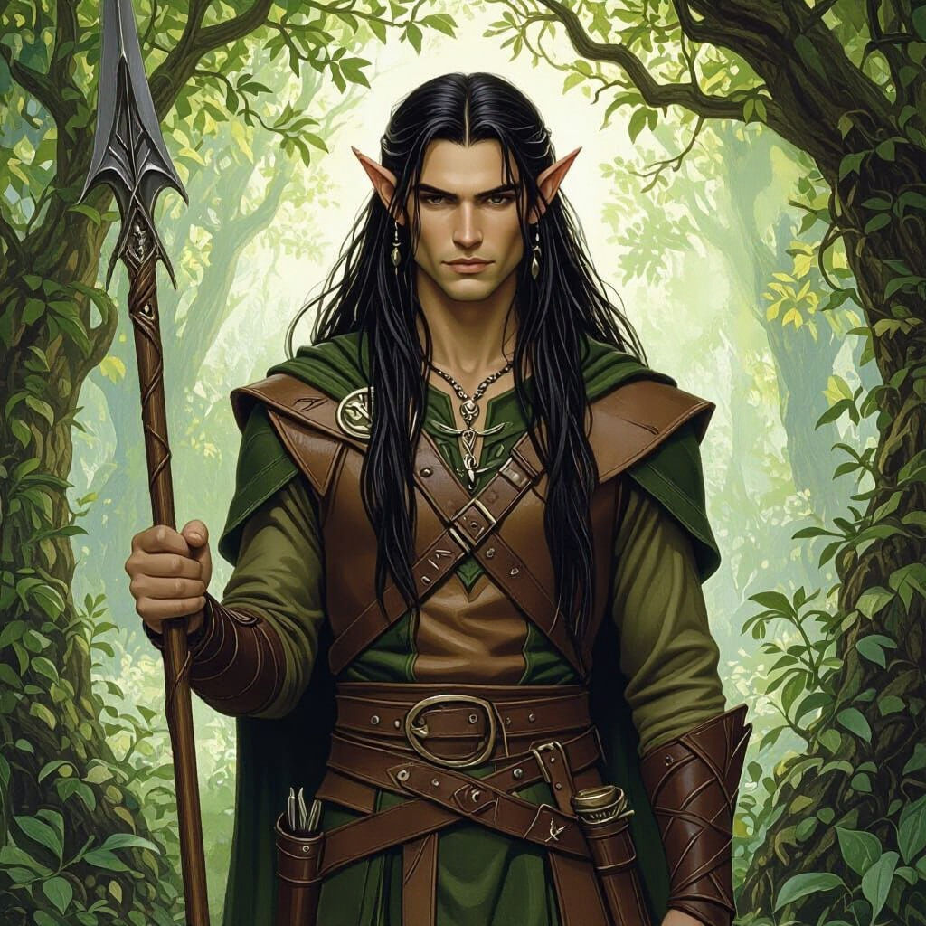 Young Wood Elf Druid in Forest with Spear
