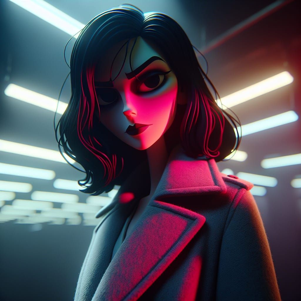 Eerie Woman in Trench Coat Under Fluorescent Lights