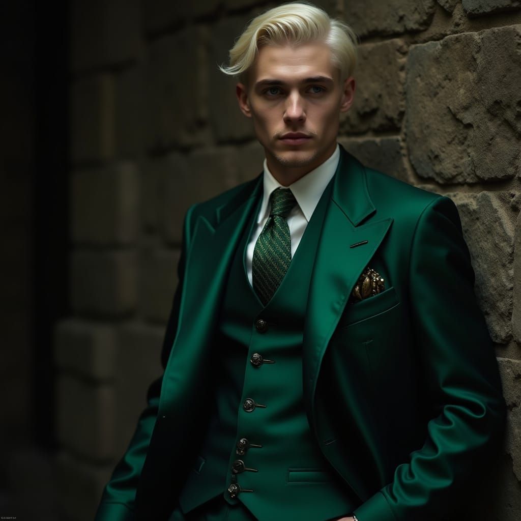 Draco Malfoy in Emerald Suit, Hogwarts Aesthetic