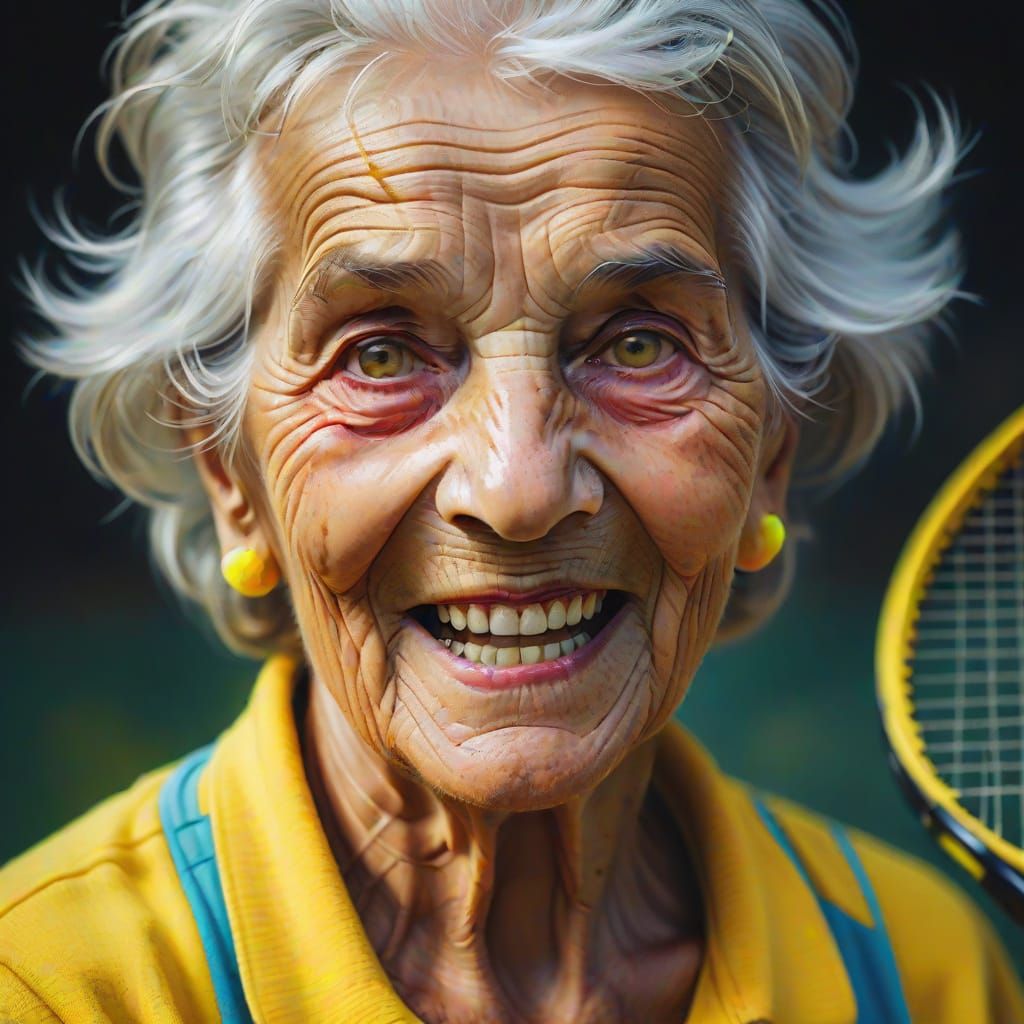 Cheerful Grandmother Plays Tennis in Fauvist Oil Painting
