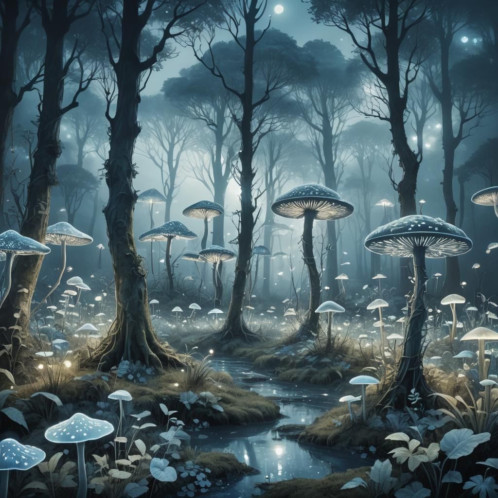 Ethereal Cyanotype Forest with Zentangle Details