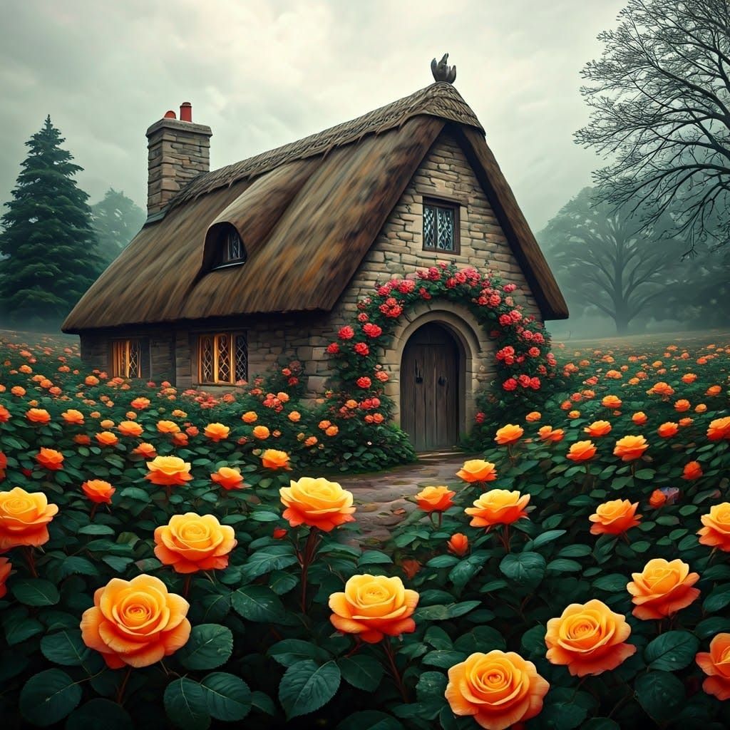 Rustic Cottage Amidst Vibrant Yellow Roses in a Mystical Lan...