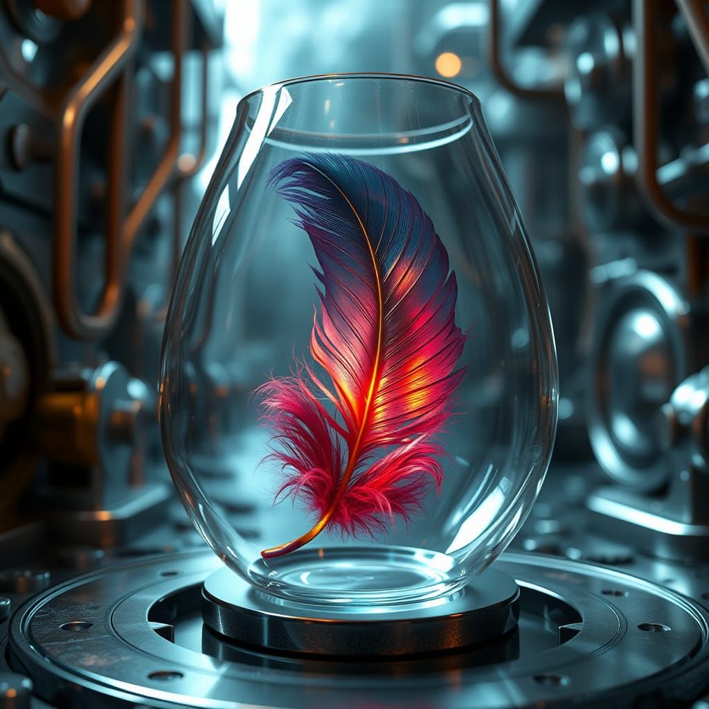 Iridescent Glass Feather in Industrial Sci-Fi Setting
