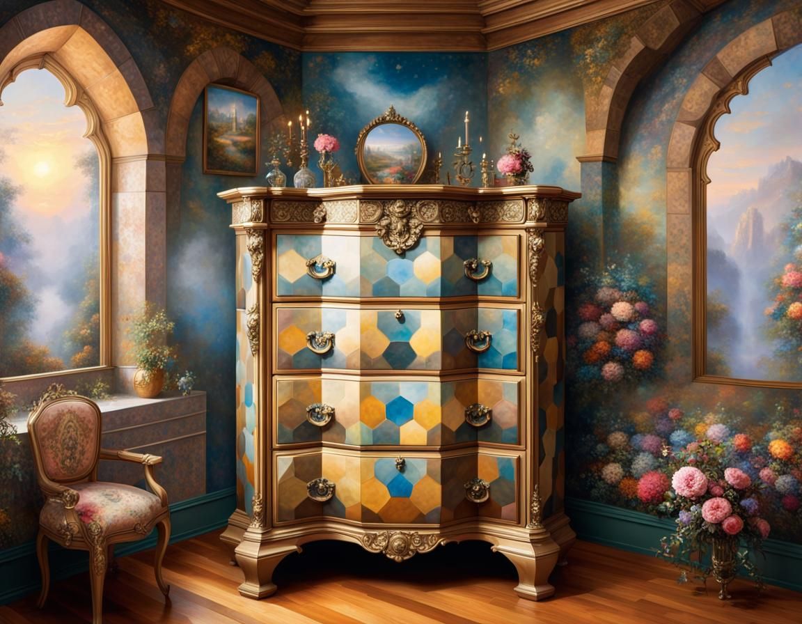 Extravagant Hexagonal Chest of Drawers in Dot Painting Style