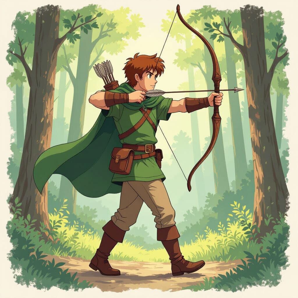Young Archer in Forest, Miyazaki-Inspired Drawing