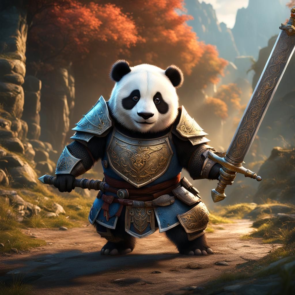 Knight Panda with Sword: Detailed Matte Painting