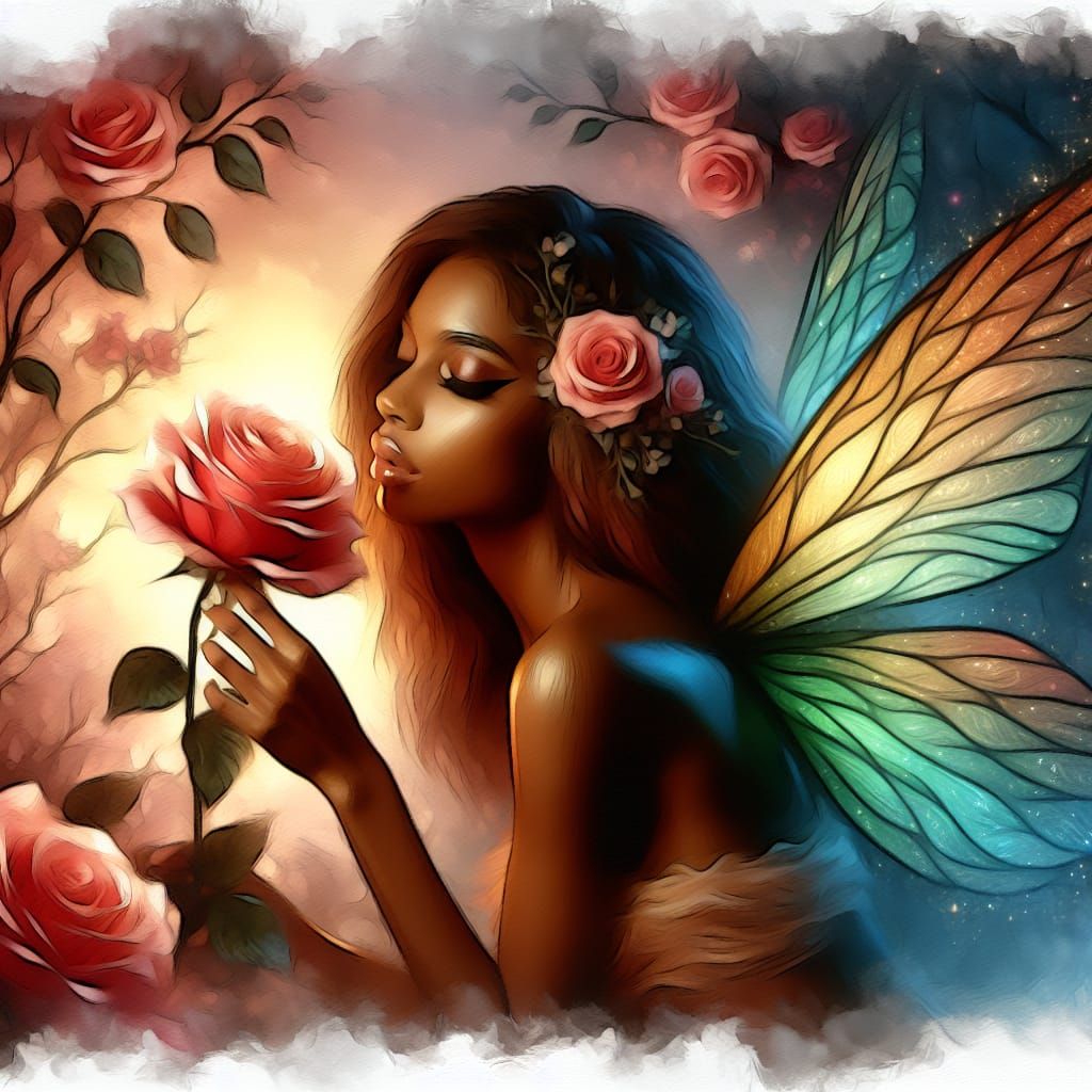 Brown Fairy Smelling a Rose, Watercolor Painting