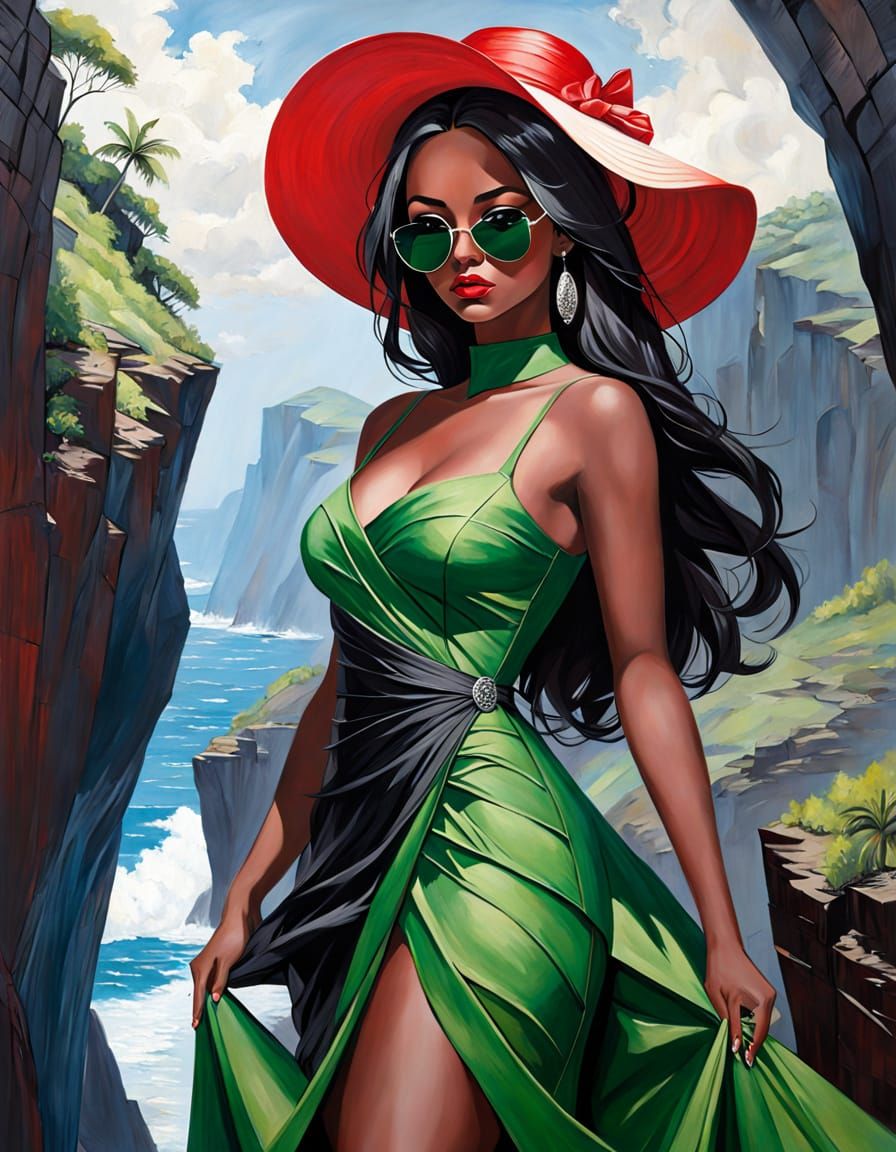 Elegant Woman on Perilous Cliff Edge in Dramatic Impasto Art