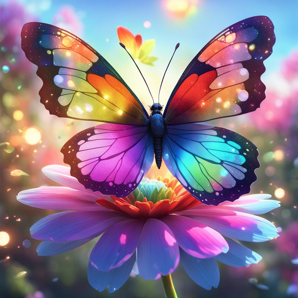 Rainbow Butterfly on Multicolored Flower in 3D Anime Art
