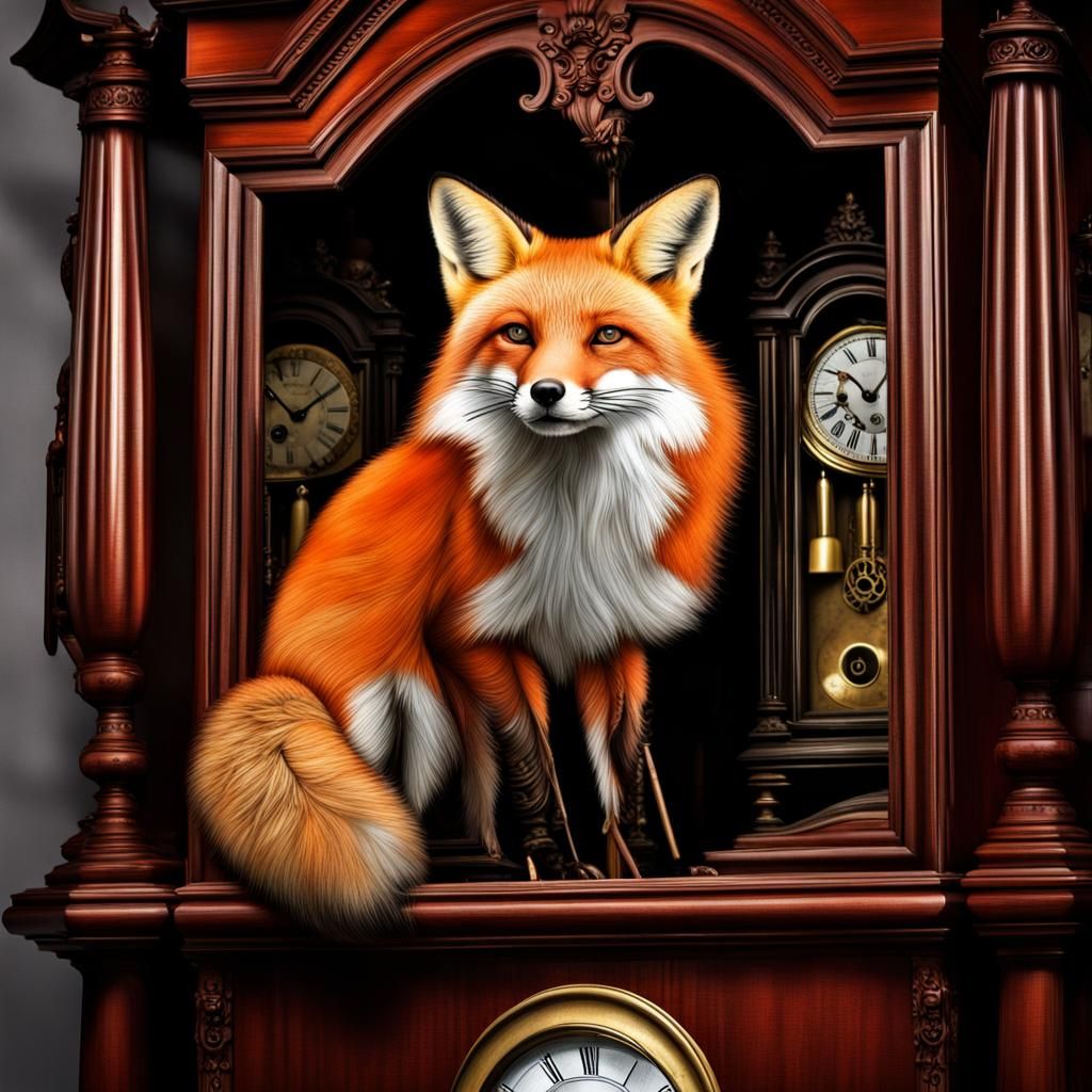 Red Fox Amidst Grandfather Clocks in Photorealistic Style