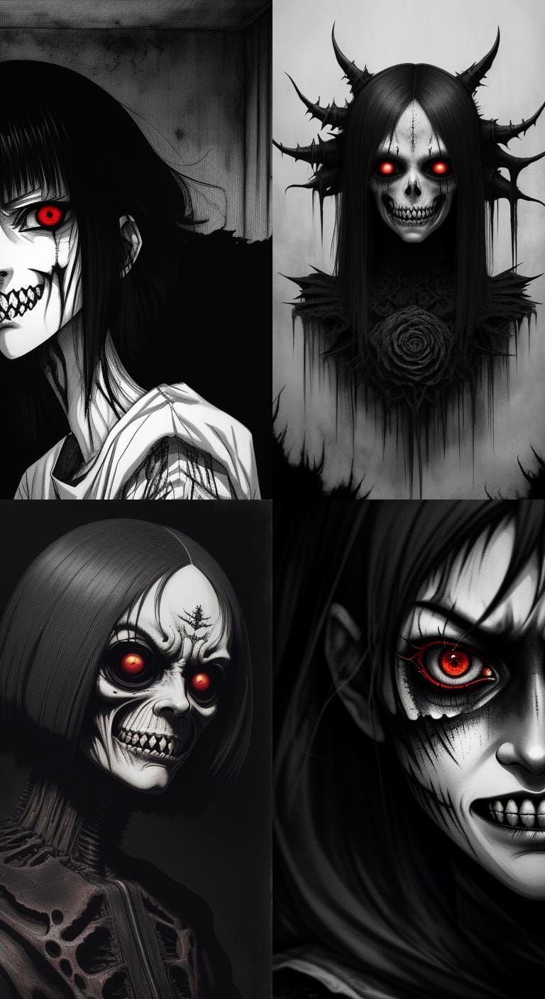 Sinister Anime Girl with Sharp Teeth in Junji Ito Style