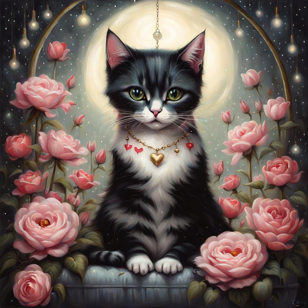 Cute Cat with Flowers in Gothic Digital Art Style