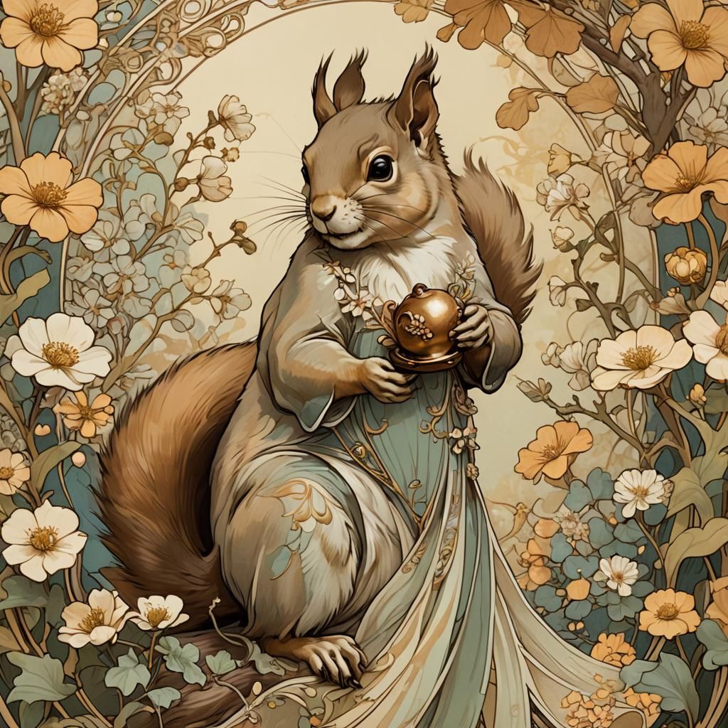 Squirrel in Art Nouveau Style Gown