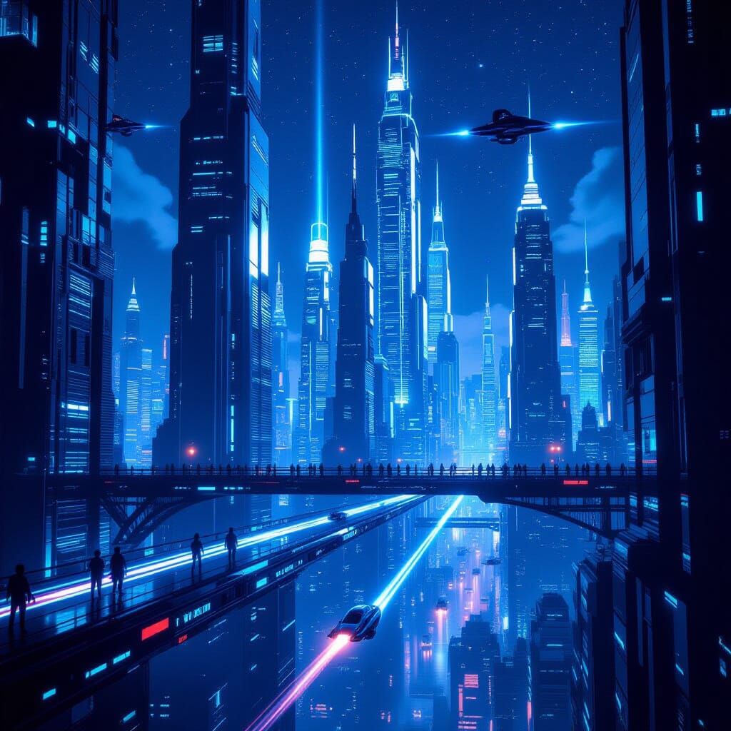 Futuristic Metropolis at Night: Chrome Towers & Flying Cars