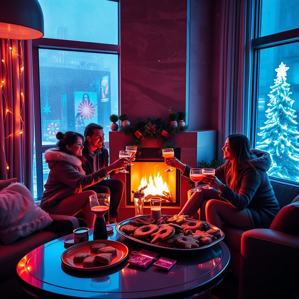Retro-Futuristic Holiday Gathering in a Cyberpunk High-Rise