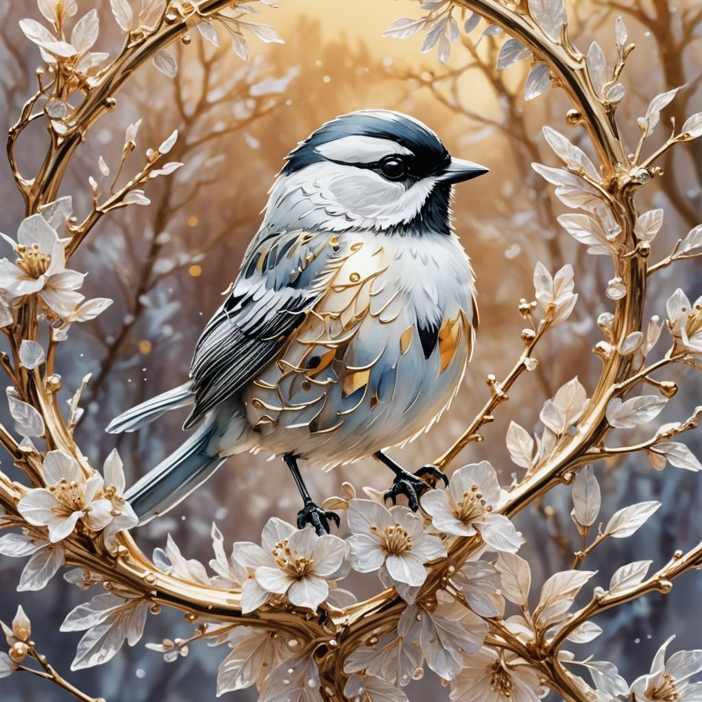 Watercolor Chickadee Ice Sculpture in Golden Light
