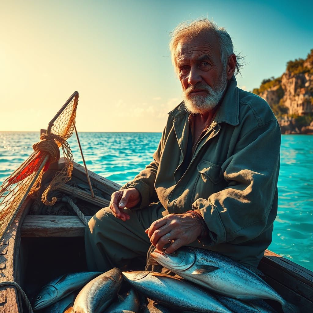 Grizzled Fisherman Catches Net in Turquoise Sea
