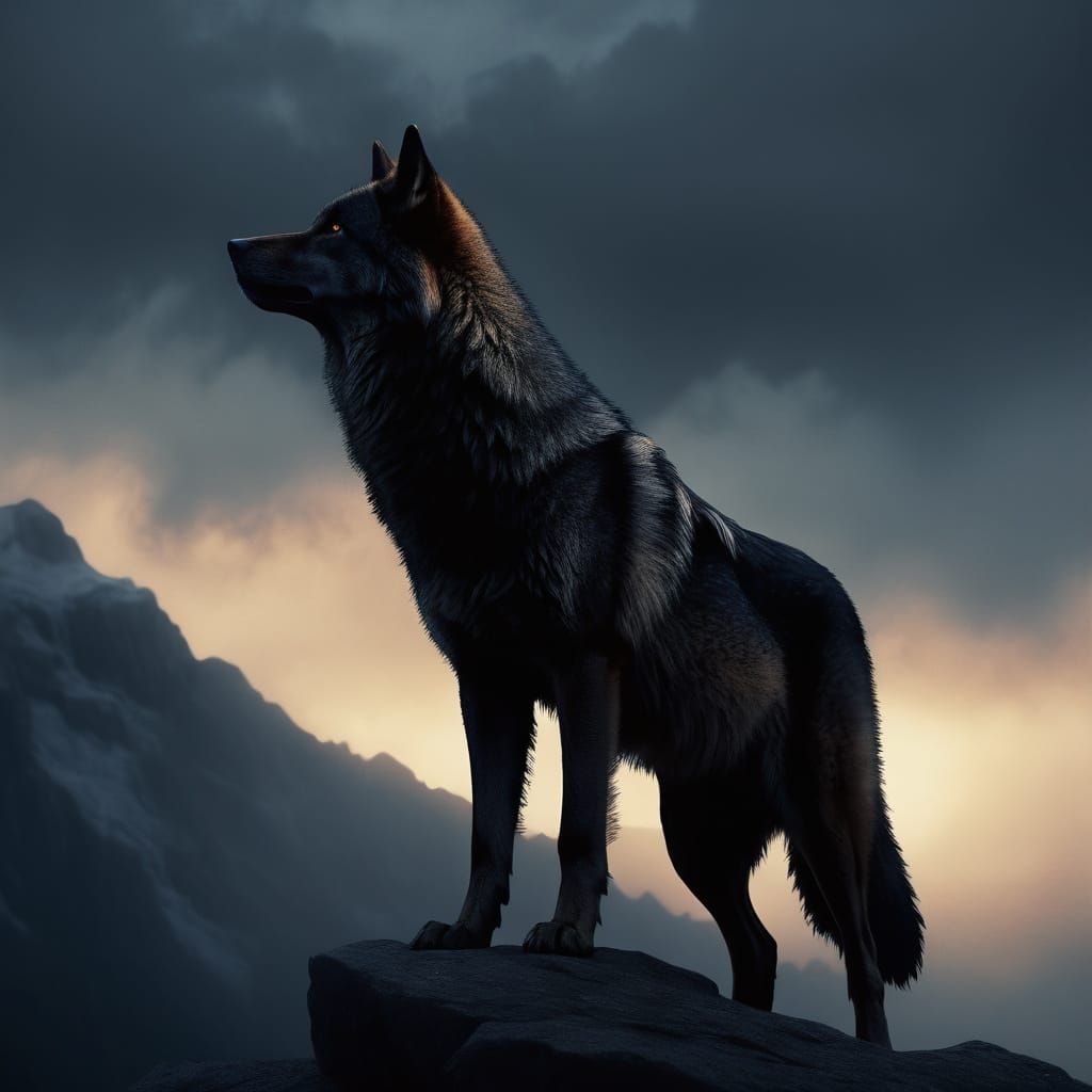 Ethereal Black Wolf Amidst Misty Mountain Peak