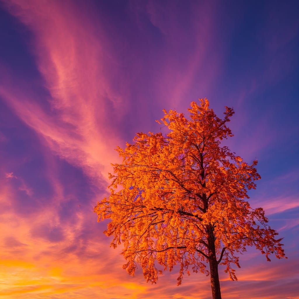 Surreal Sunset Landscape in Vibrant Purple and Orange Hues