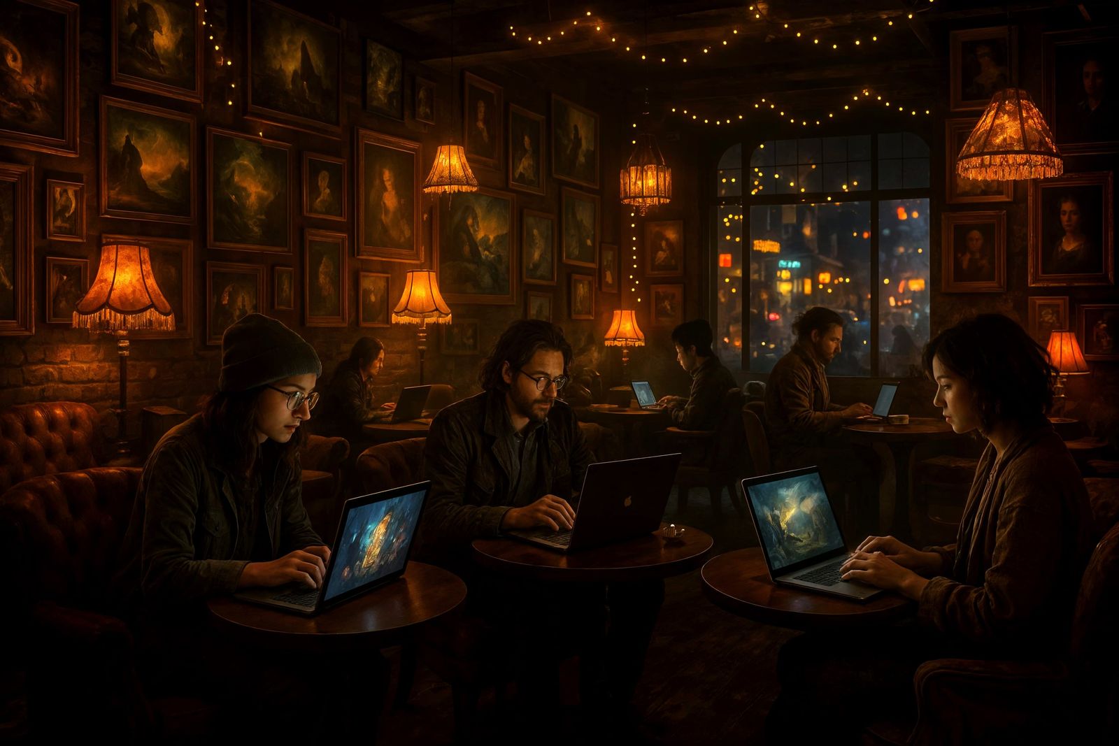 Bohemian Night Cafe with Eclectic Art, Digital Artwork