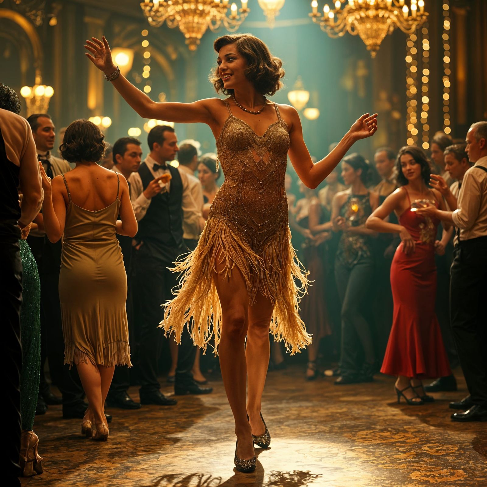 Flapper Girl Dancing the Charleston in Art Deco Speakeasy